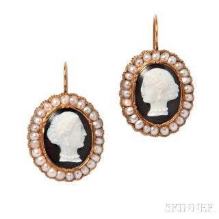 Appraisal: Antique Gold Hardstone Cameo and Split-pearl Earrings each depicting an