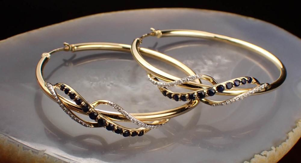 Appraisal: PAIR OF SAPPHIRE AND DIAMOND HOOP EARRINGS each k yellow