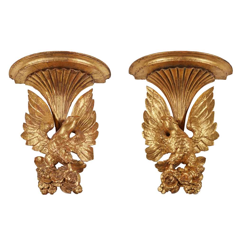 Appraisal: PAIR OF GILTWOOD WALL BRACKETS TH CENTURY the demilune platforms