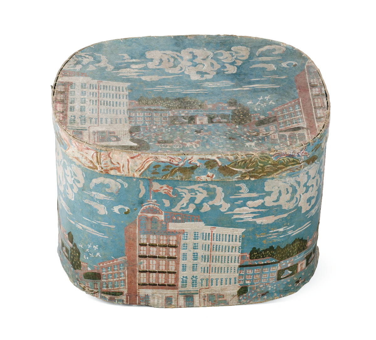 Appraisal: BLUE HAT BOX WITH A DOWNTOWN SKYLINE Featuring a six-story