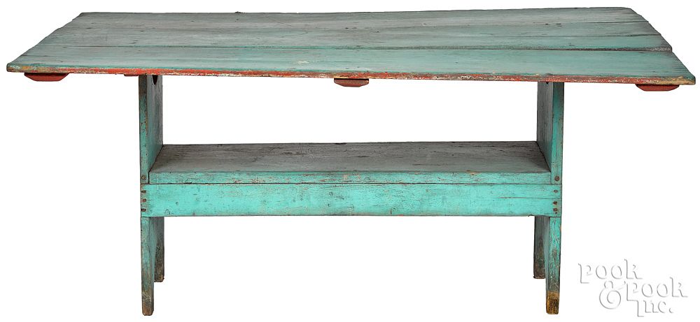 Appraisal: Painted pine bench table th c Painted pine bench table