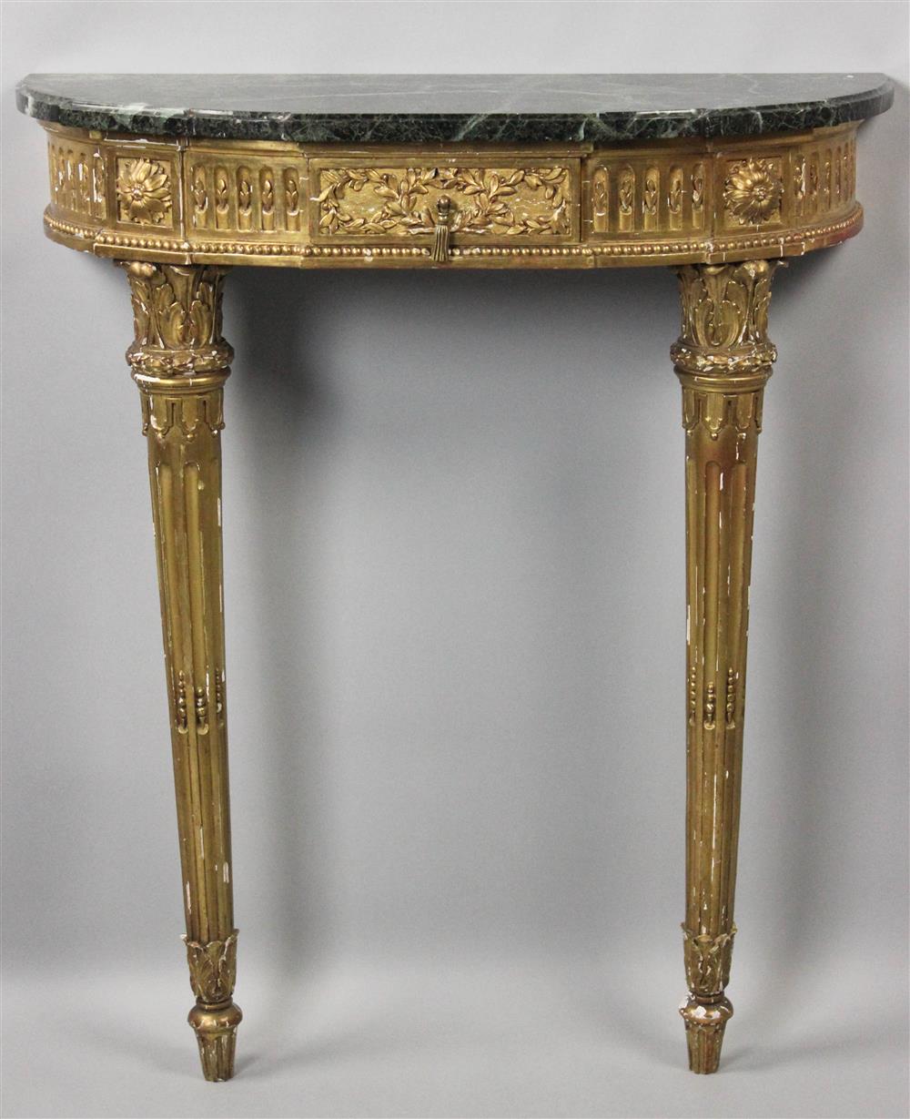 Appraisal: NEOCLASSICAL CARVED GILTWOOD AND MARBLE TOP CONSOLE TABLE having a