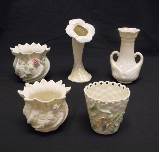 Appraisal: Five pieces of green mark Beleek porcelain including three vases