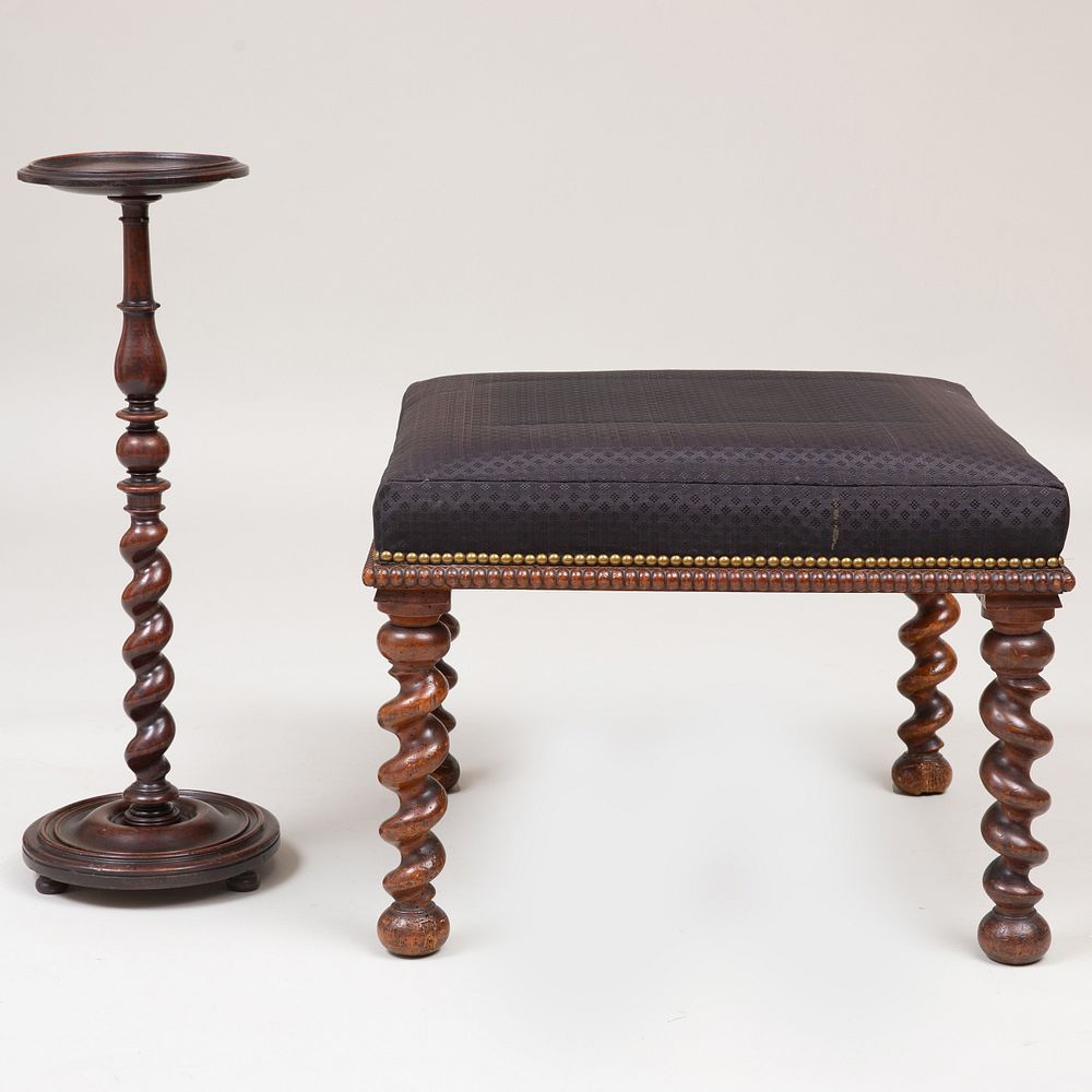 Appraisal: Mid-Victorian Walnut Stool and Charles II Style Walnut Candle Stand