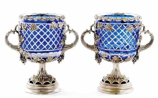 Appraisal: Pair silverplate-mounted cobalt glass wine coolers geometric cut-to-clear glass bowl