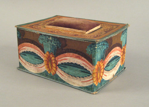 Appraisal: Wallpaper sewing box mid th c with pincushion lid and