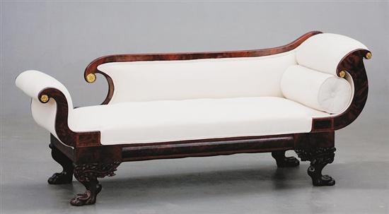 Appraisal: American Classical upholstered mahogany recamier circa scrolled frame with cornucopia