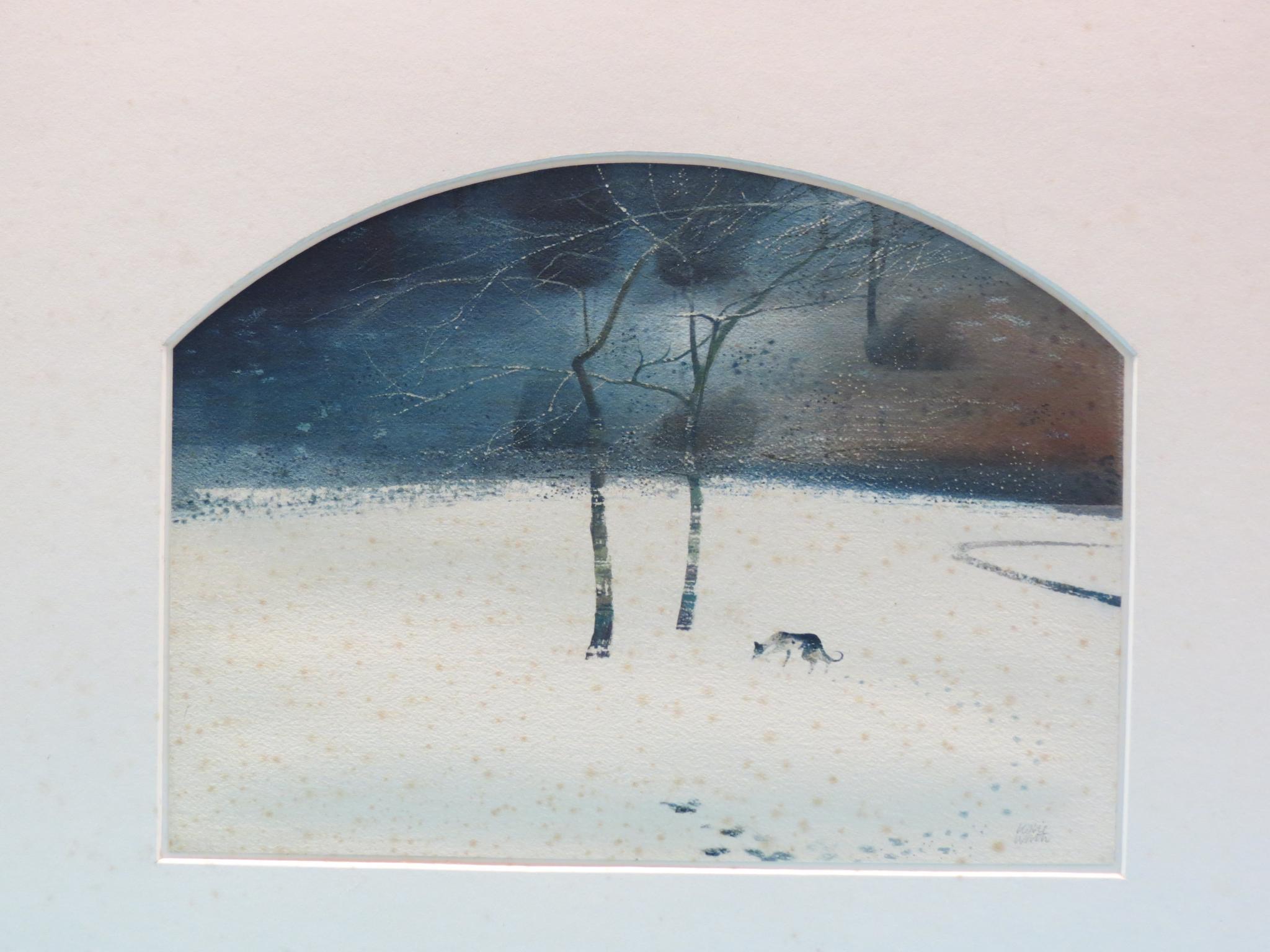 Appraisal: Leslie Worth - - watercolour snow-covered park with dusk-lit dog