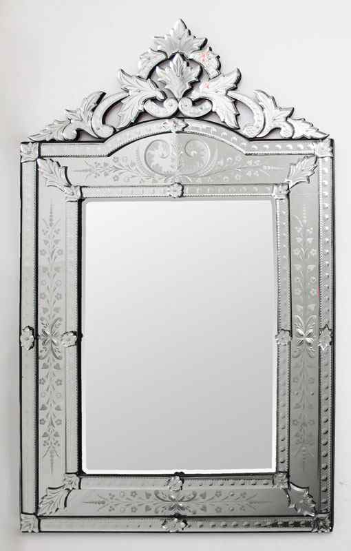 Appraisal: VENETIAN STYLE WALL MIRROR Ornate beveled glass crest over beveled