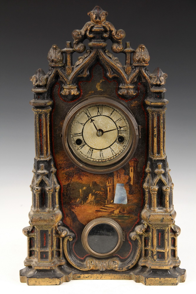 Appraisal: SHELF CLOCK - Painted Cast Iron Gothic Style Clock with