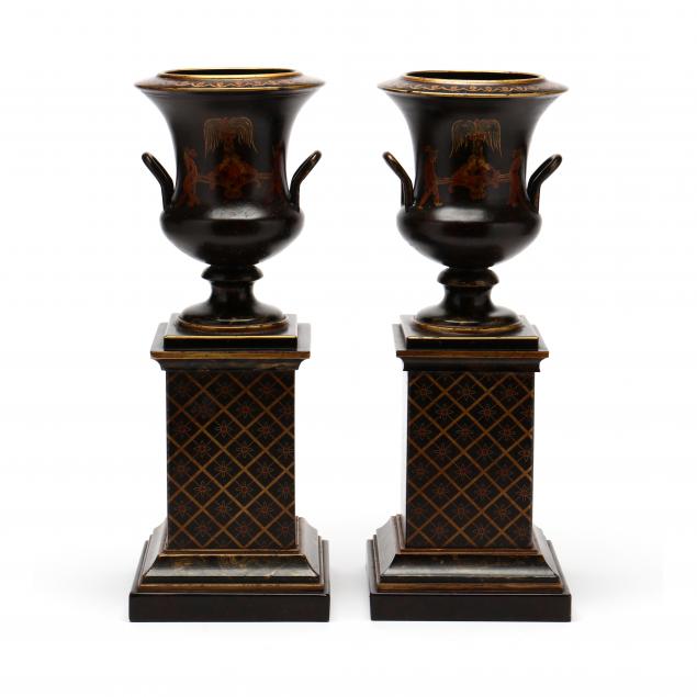 Appraisal: PAIR OF VINTAGE ITALIAN PAINTED AND GILT TOLEWARE URNS Circa