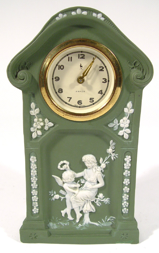 Appraisal: Goebels green Jasperware mantel clock with German movement the case