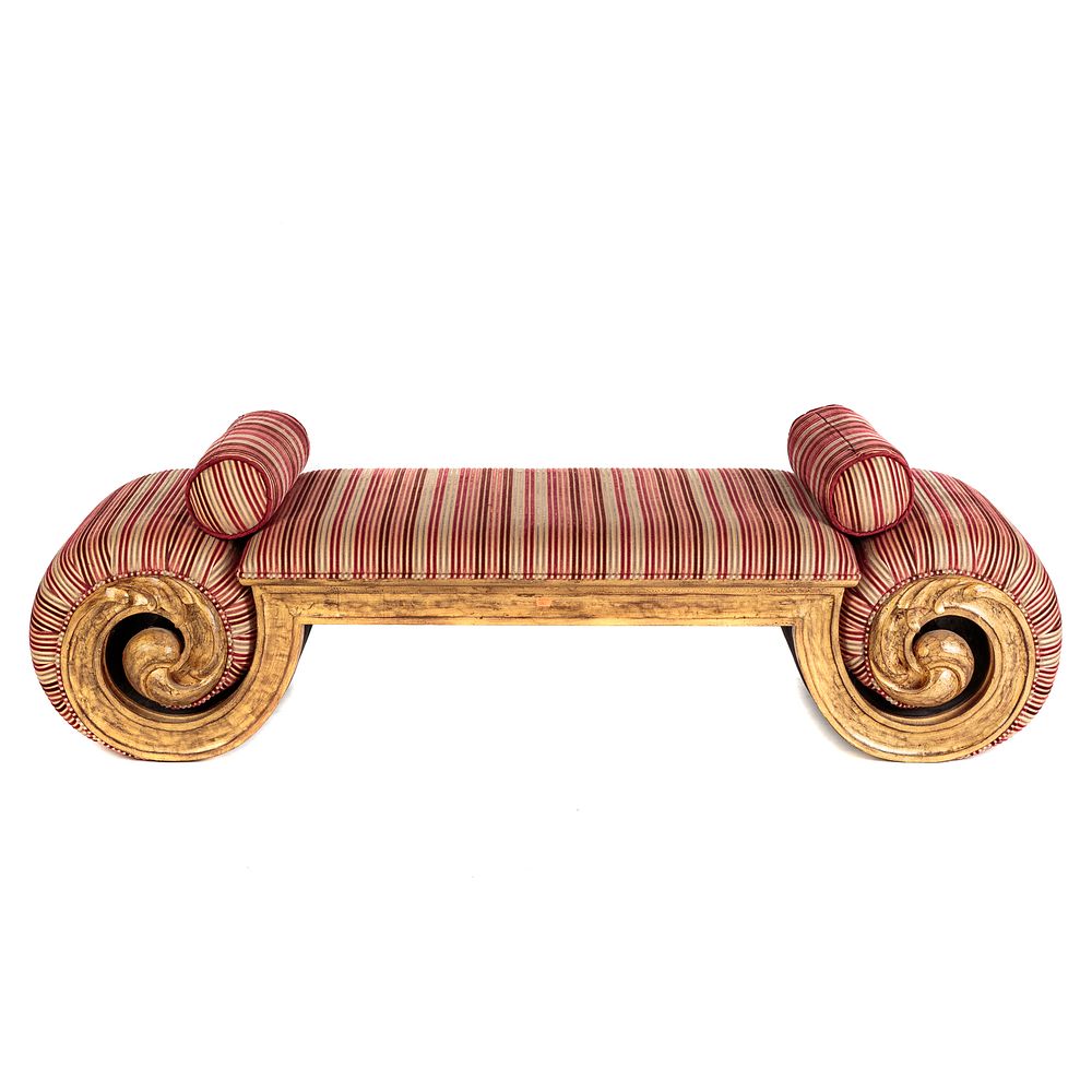 Appraisal: Neoclassical Style Giltwood Upholstered Bench With striped upholstery in H