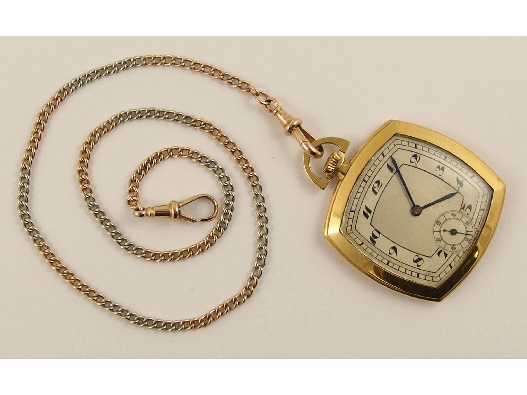 Appraisal: An ct square pocket watch with a ct bi-colour fob