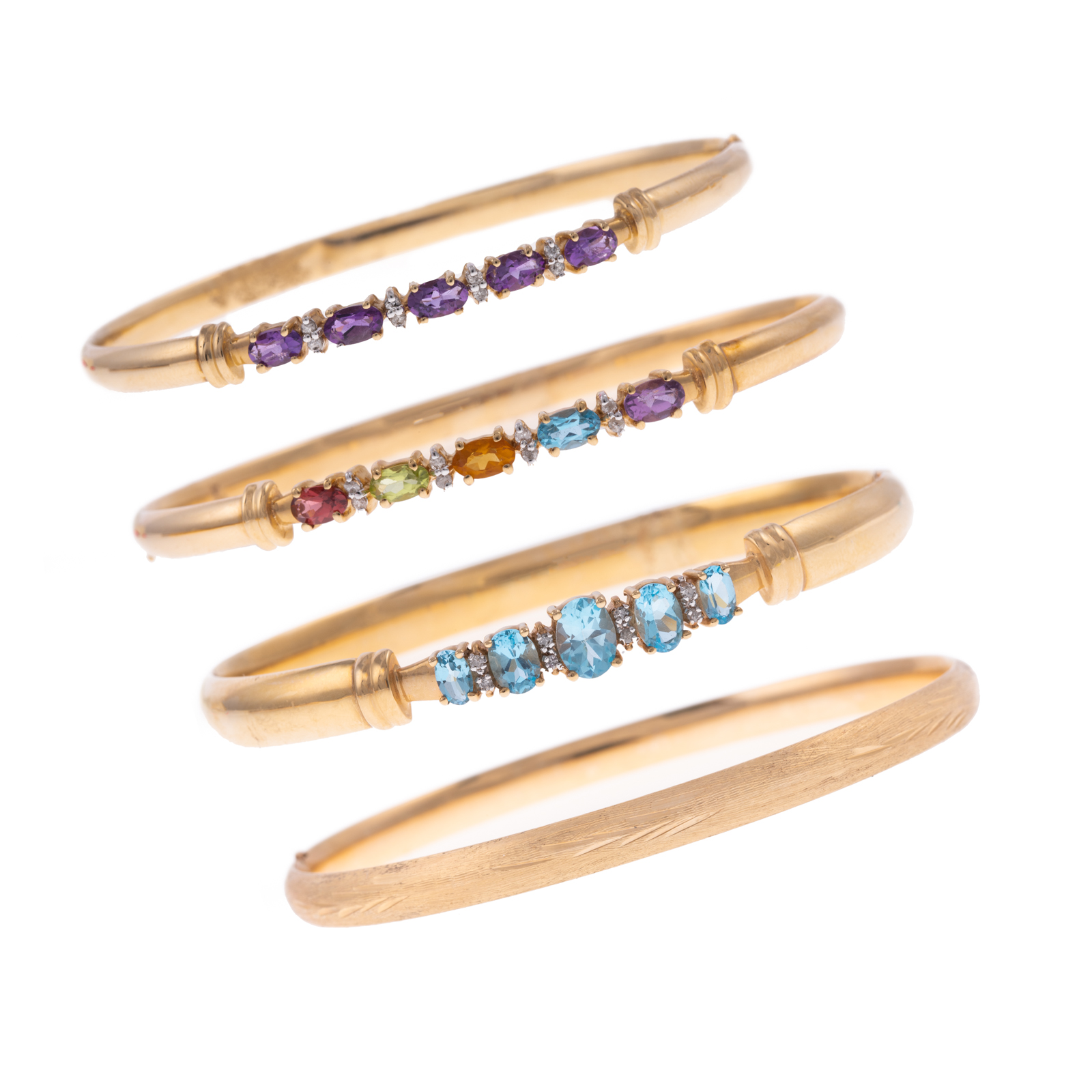 Appraisal: FOUR K GEMSTONE DIAMOND BANGLE BRACELETS K yellow gold blue