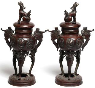 Appraisal: Pair of Chinese Bronzed Metal Incense Braziers Of temple form