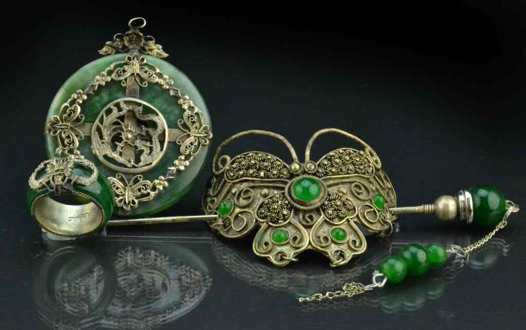 Appraisal: Pieces Tibetan Silver Jade Mounted JewelryTo include a hairpin a