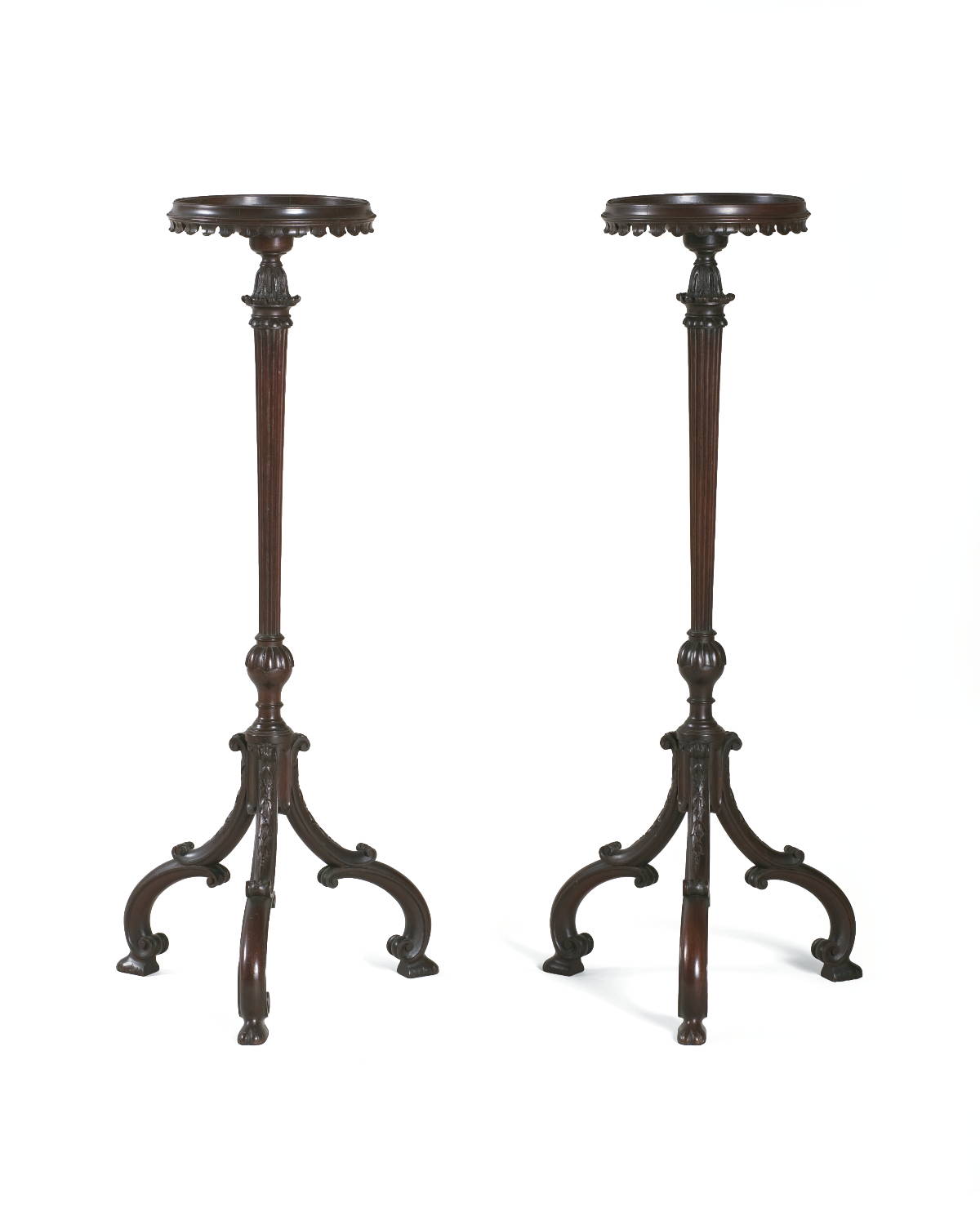 Appraisal: PAIR OF CHIPPENDALE DESIGN CARVED MAHOGANY TORCHERES Height inches