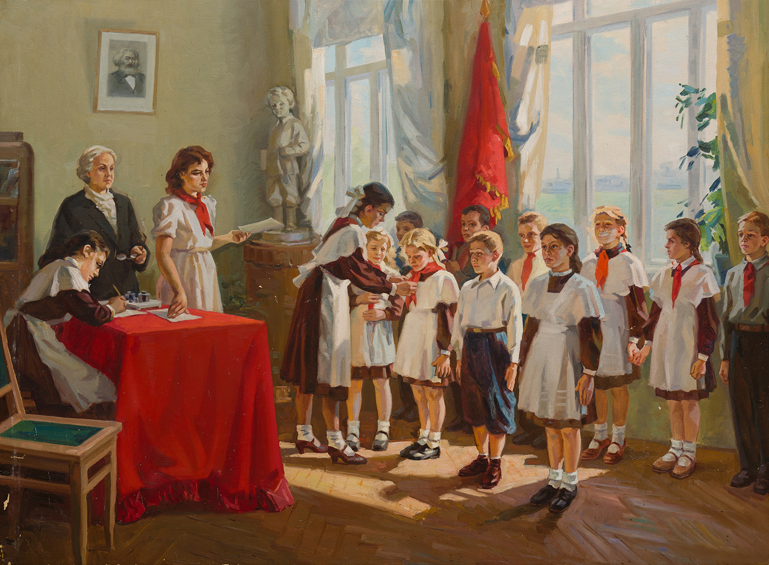 Appraisal: ARTIST UNKNOWN Russian School Red Scarf Ceremony oil on canvas