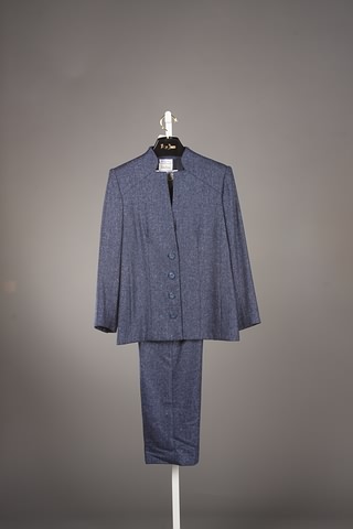 Appraisal: Blue tweed herringbone jacket with stand-up collar and matching slacks