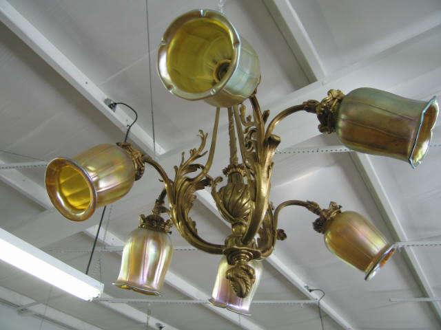 Appraisal: French Victorian Bronze Chandelier six Steuben type shades unsigned fine