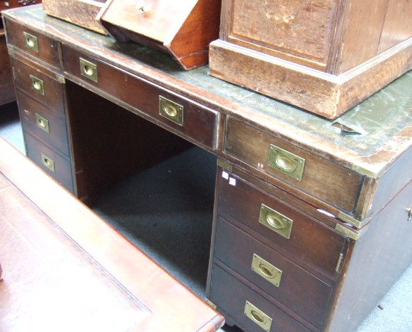 Appraisal: A th century campaign style partners desk the tooled leather