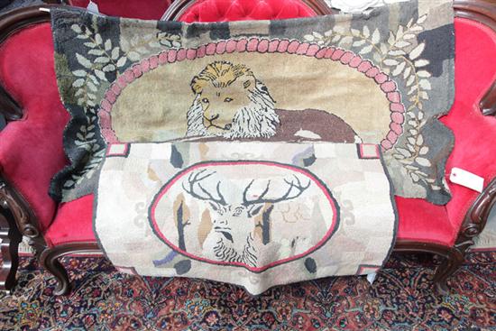 Appraisal: TWO HOOKED RUGS One depicting a reclining lion With a