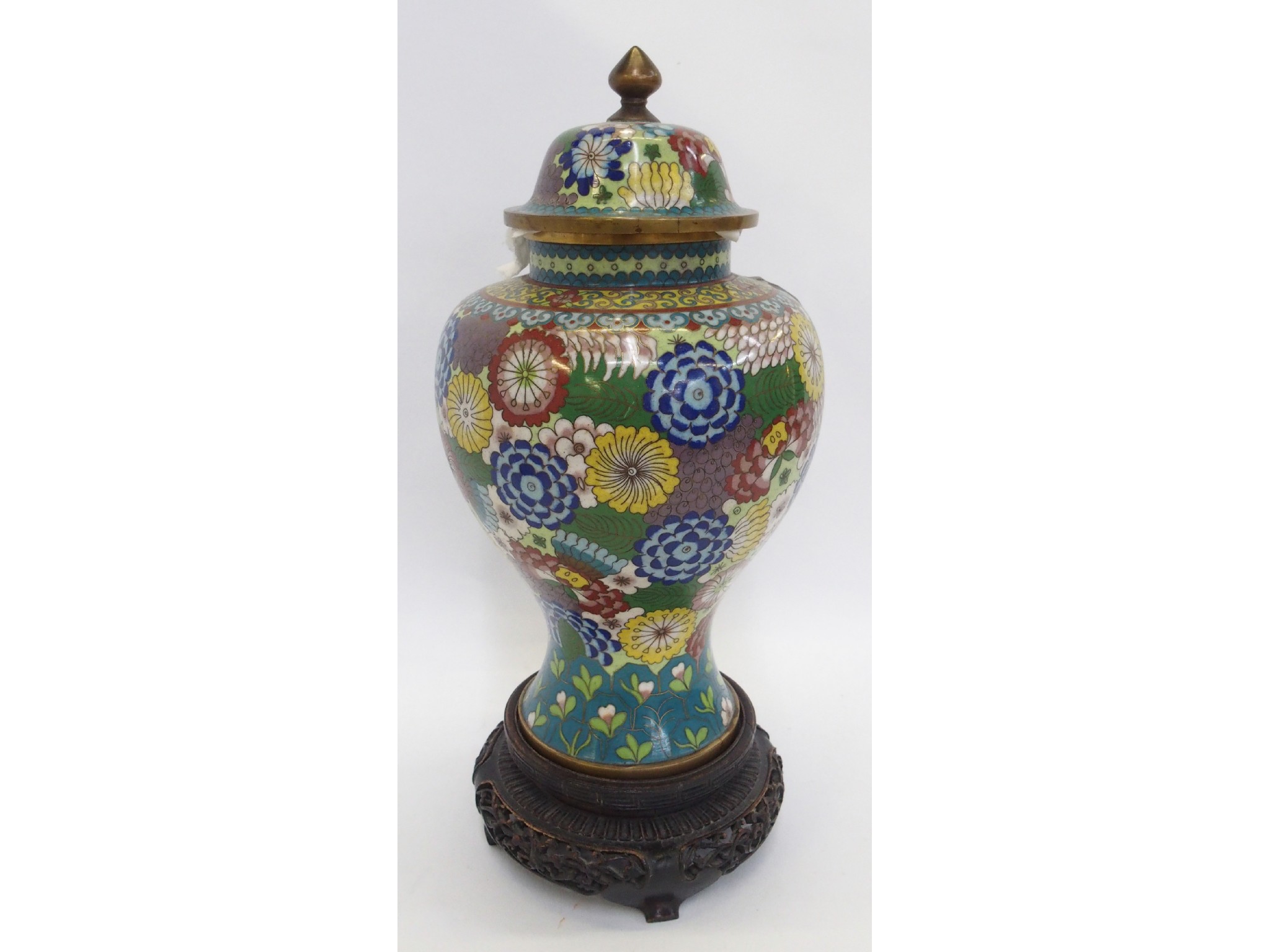 Appraisal: Chinese cloisonne covered jar on carved wood stand