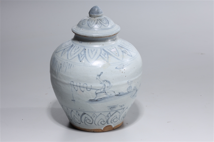 Appraisal: Chinese blue and white porcelain covered jar depicting a figure