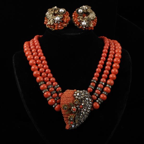 Appraisal: Unsigned Frank Hess Miriam Haskell Multi-strand Coral Beaded Floral Necklace