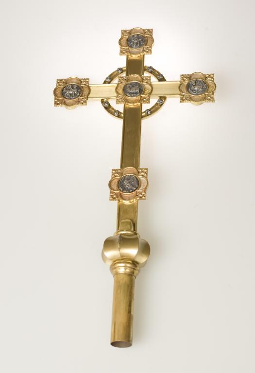 Appraisal: BRASS PROCESSIONAL CROSS c applied with five pewter roundels cast