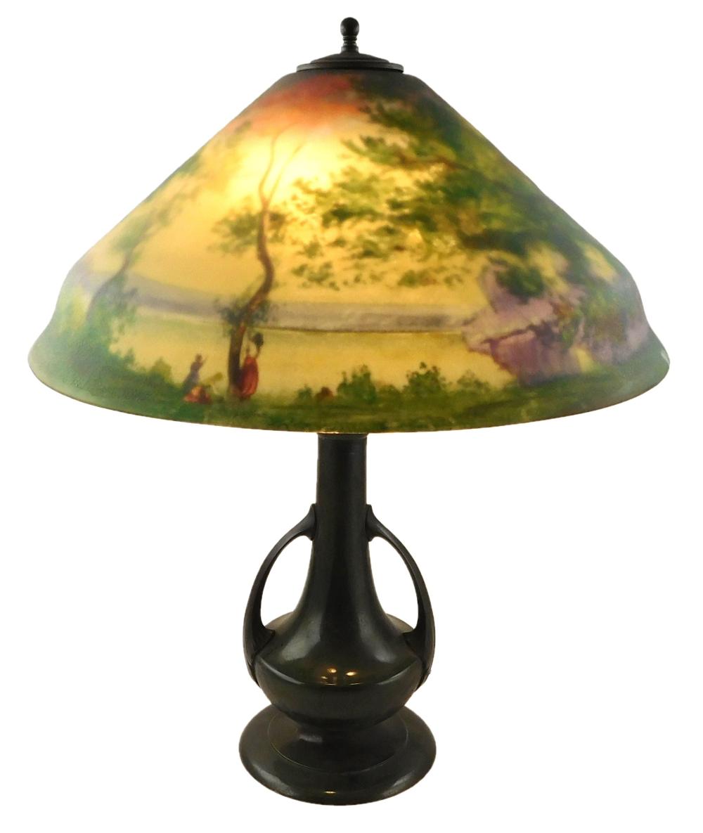 Appraisal: LAMP Reverse painted glass shade depicts figures in landscape by