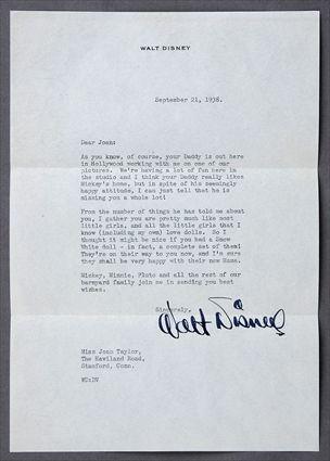 Appraisal: TYPED LETTER SIGNED BY WALT DISNEY SEPTEMBER Letter to Joan