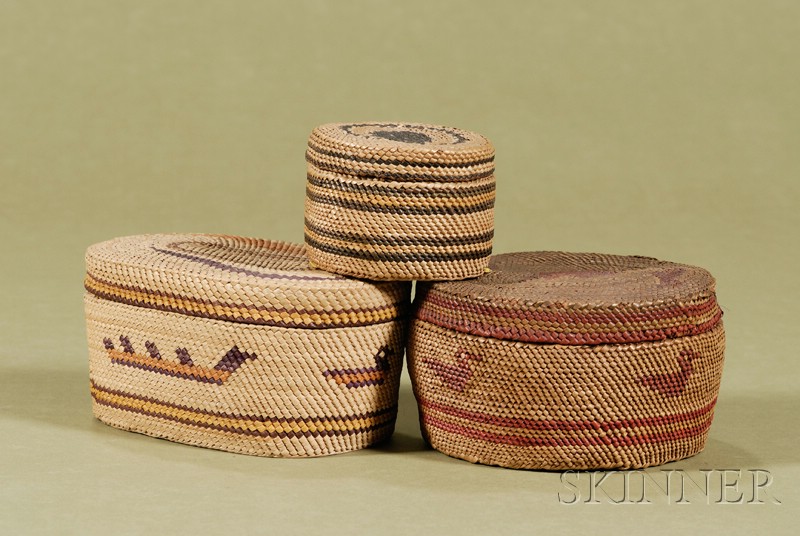 Appraisal: Three Small Makah Lidded Baskets Washington State early th century