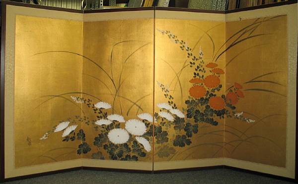 Appraisal: A four panel screen th Century Ink and color on