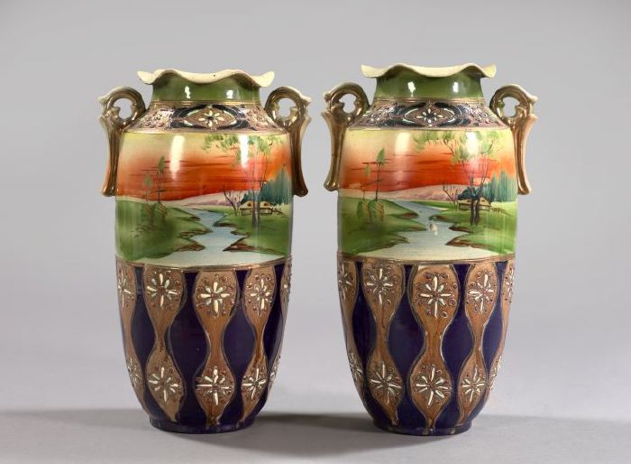 Appraisal: Pair of Nippon Hand-Painted Pottery Two-Handled Vases ca - each