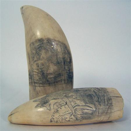 Appraisal: Australian interest Two th century whale tooth scrimshaws depicting antipodean