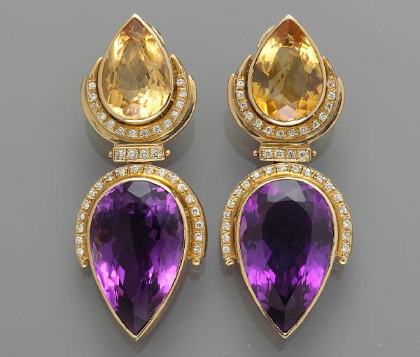 Appraisal: A pair of amethyst citrine and diamond earrings mounted in