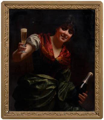 Appraisal: Joseph Lieck painting German born barmaid holding champagne flute and