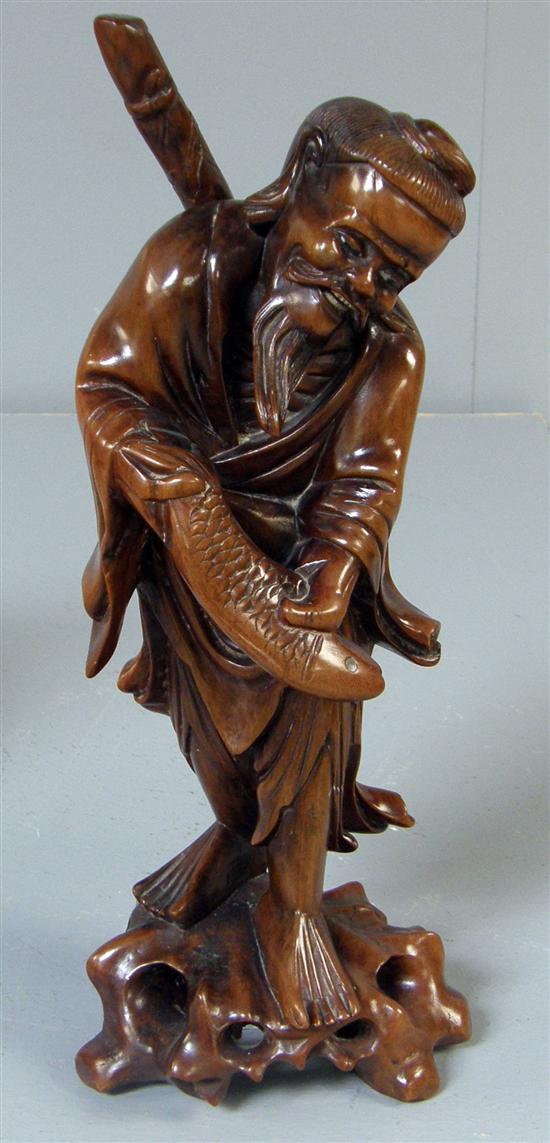 Appraisal: Japanese carved wood figure of man holding a basket containing