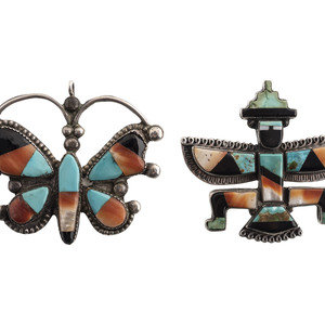 Appraisal: Zuni Mosaic Inlay Knifewing and Butterfly Pins Brooches mid- th