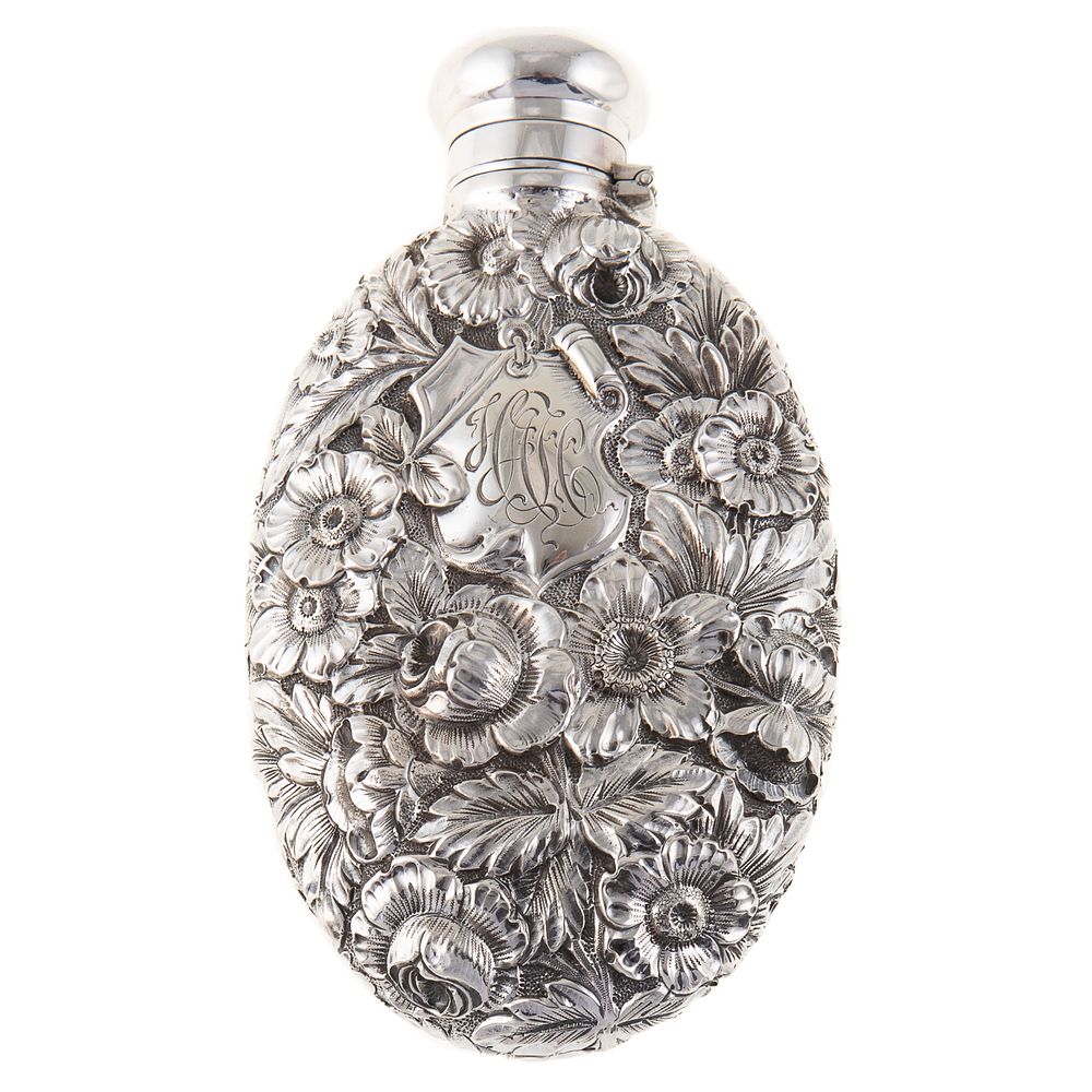 Appraisal: American Sterling Repousse Flask Model makers mark rubbed in an