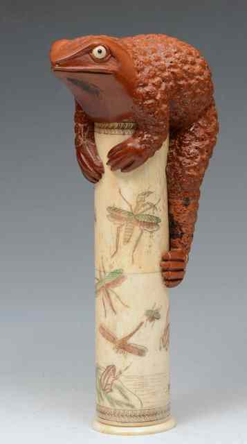 Appraisal: A JAPANESE CYLINDRICAL BONE IVORY SCROLL CONTAINER with dragonfly decoration