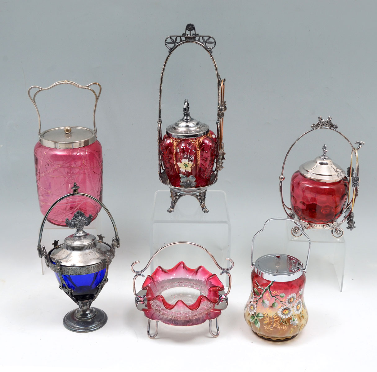 Appraisal: PIECE CRANBERRY COBALT GLASS JARS BASKETS Comprising - Cranberry pickle