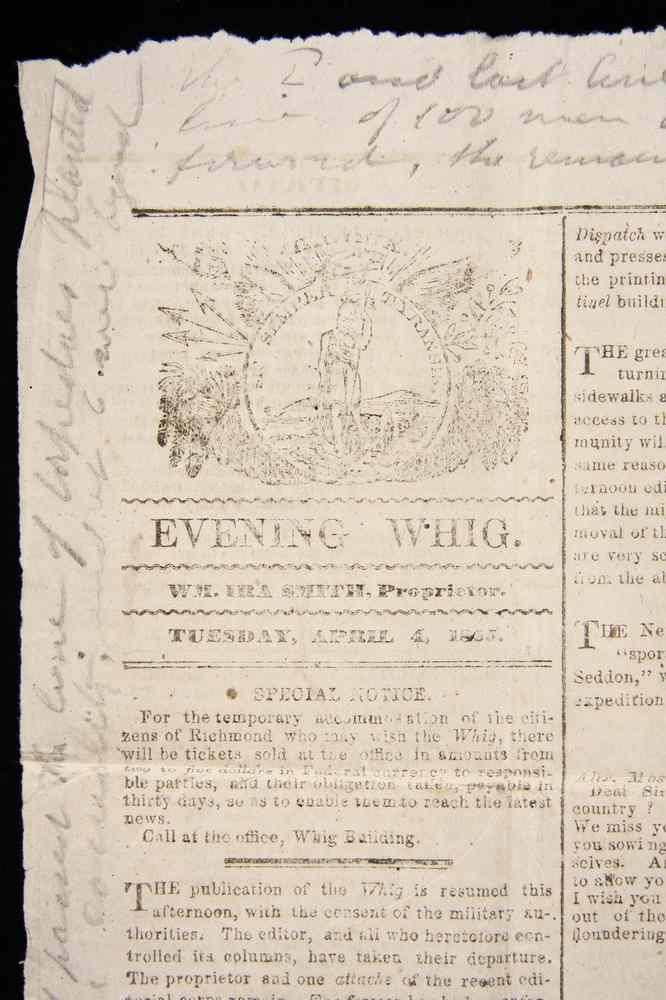 Appraisal: NEWSPAPER W LETTER THE FALL OF RICHMOND - Single Sheet