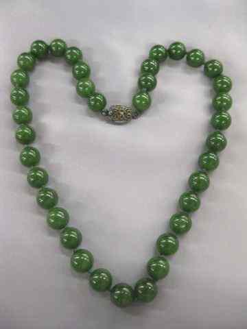 Appraisal: Jade Necklace Fine Deep Color beads '' long filagree silver