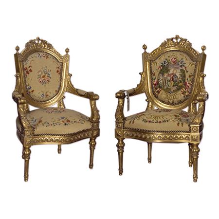 Appraisal: Pair of Louis XVI Style Gilt-Wood Needlepoint Upholstered Childs Fauteuils