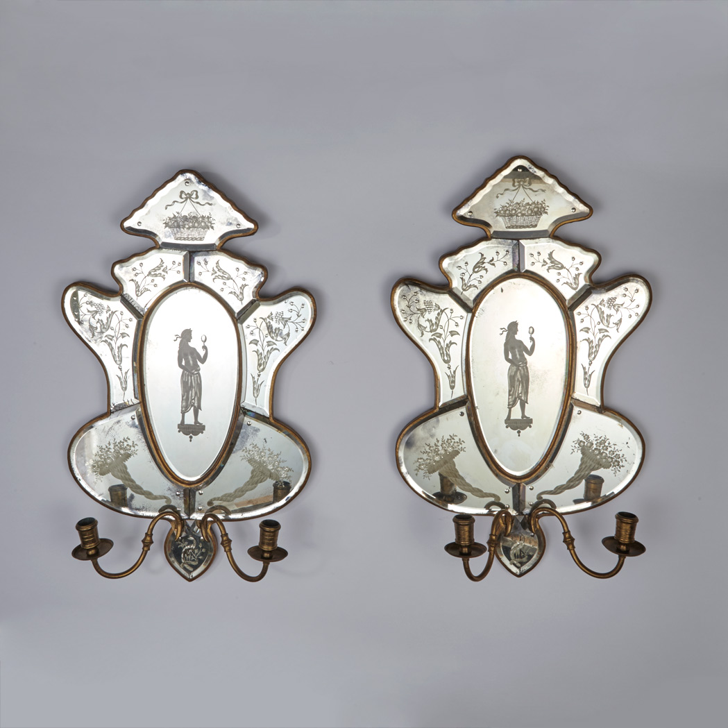 Appraisal: Pair of Italian Neoclassical Style Etched Glass Two-Light Wall Lights