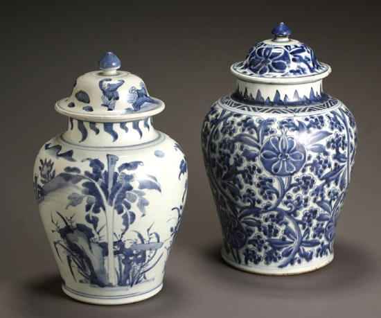 Appraisal: Two Chinese Blue and White Covered Urns th- th Century