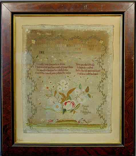 Appraisal: Rare silk on linen sampler wrought by Hannah Pugh Philadelphia